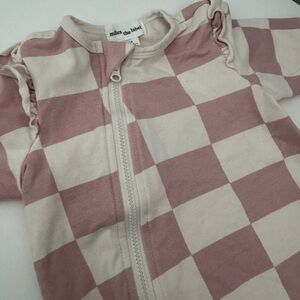 Miles the Label Baby Pink and Cream Checkered Romper Ruffled Sleeves 3 months